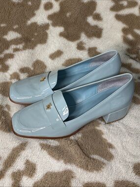 Francis Valentine Light Blue Patent Low Block Heel Loafers with Gold Accent